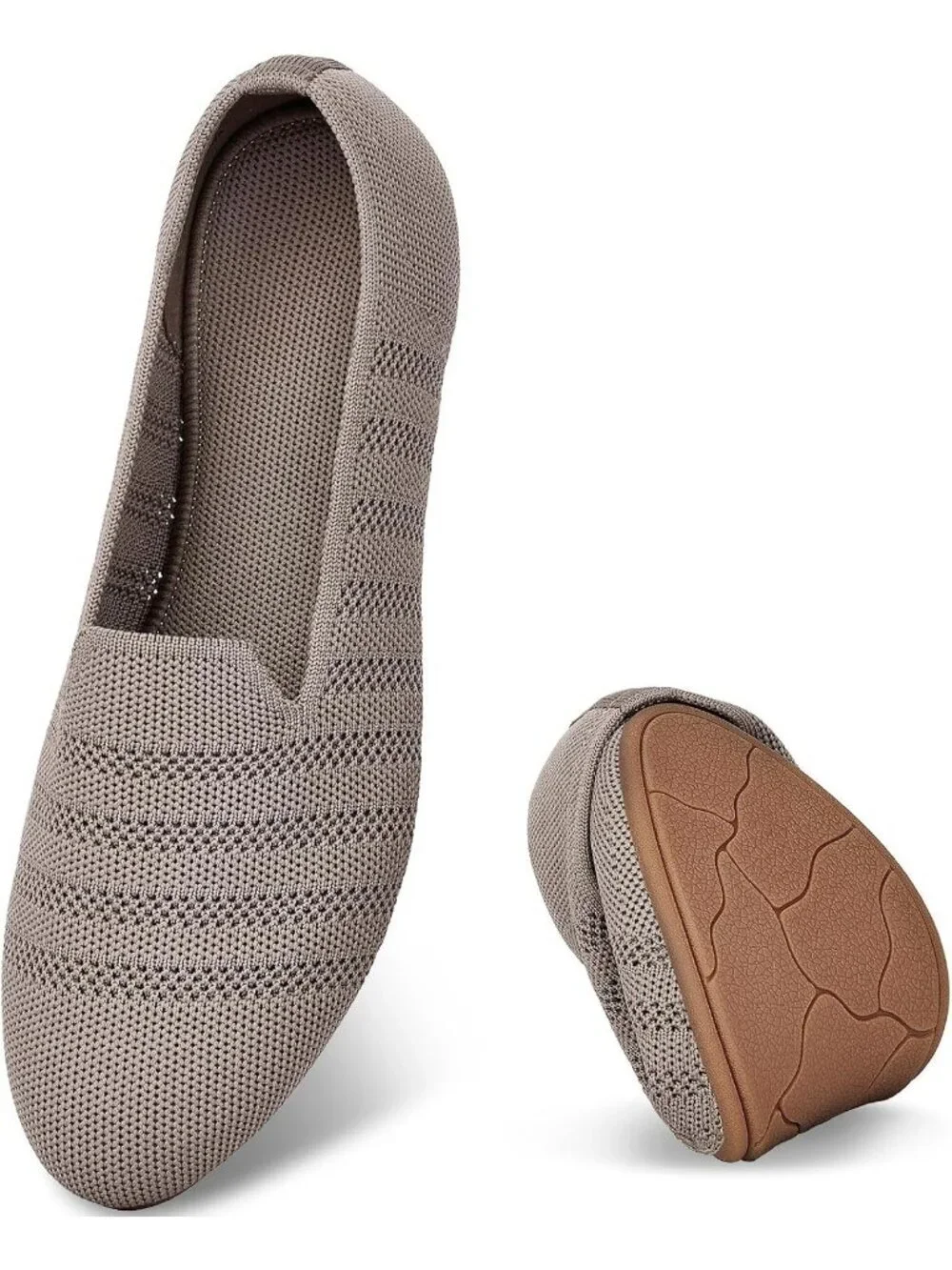 Women's Khaki Rubber Knit Ballet Flats Arch Support Slip On Foldable Shoes
